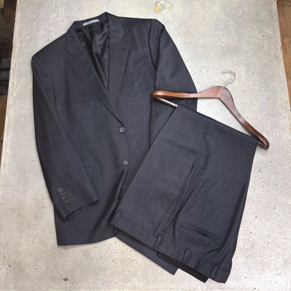 John W Nordstrom Suit 44R38W Charcoal Windowpane Italian fabric REDA Travel Wool